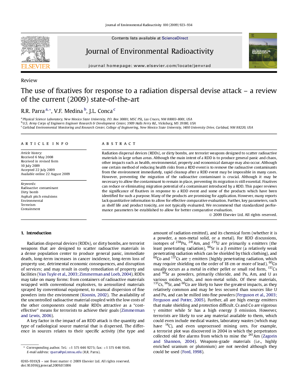 عکس صفحه اول مقاله: The use of fixatives for response to a radiation dispersal devise attack – a review of the current (2009) state-of-the-art The use of fixatives for response to a radiation dispersal devise attack – a review of the current (2009) state-of-the-art