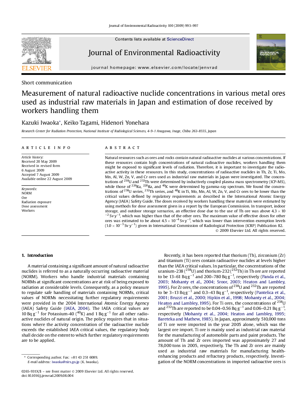 Measurement of natural radioactive nuclide concentrations in various metal ores used as industrial raw materials in Japan and estimation of dose received by workers handling them