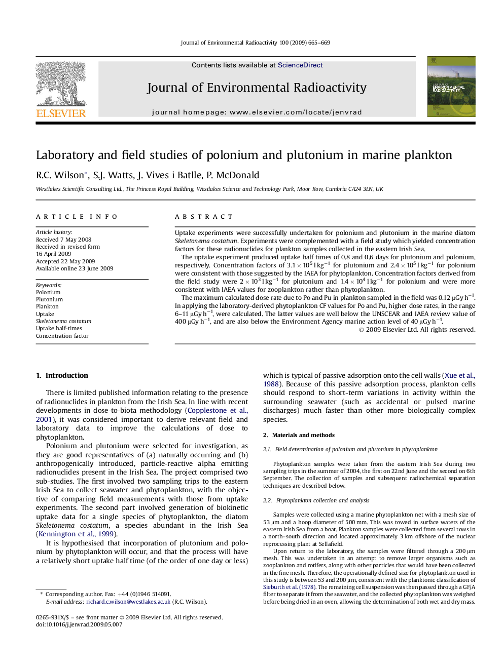 Laboratory and field studies of polonium and plutonium in marine plankton