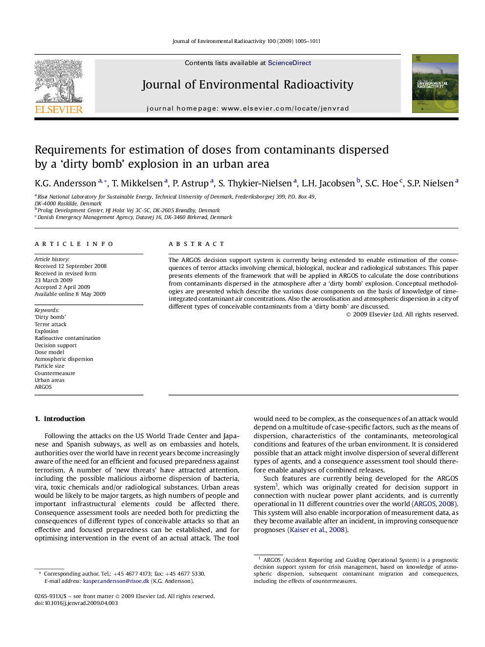 Requirements for estimation of doses from contaminants dispersed by a ‘dirty bomb’ explosion in an urban area