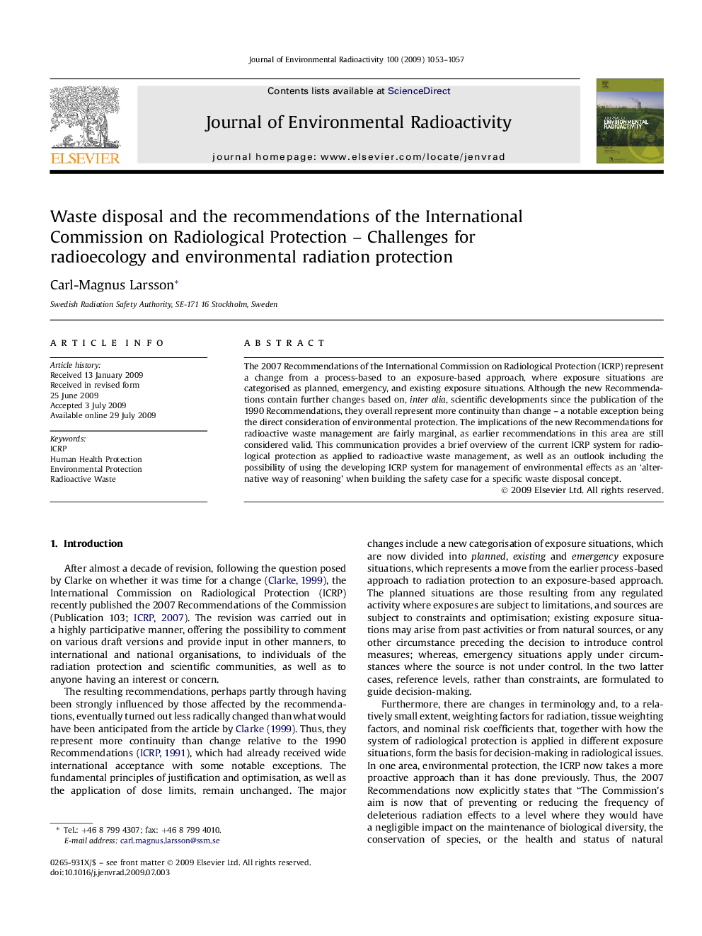 Waste disposal and the recommendations of the International Commission on Radiological Protection - Challenges for radioecology and environmental radiation protection