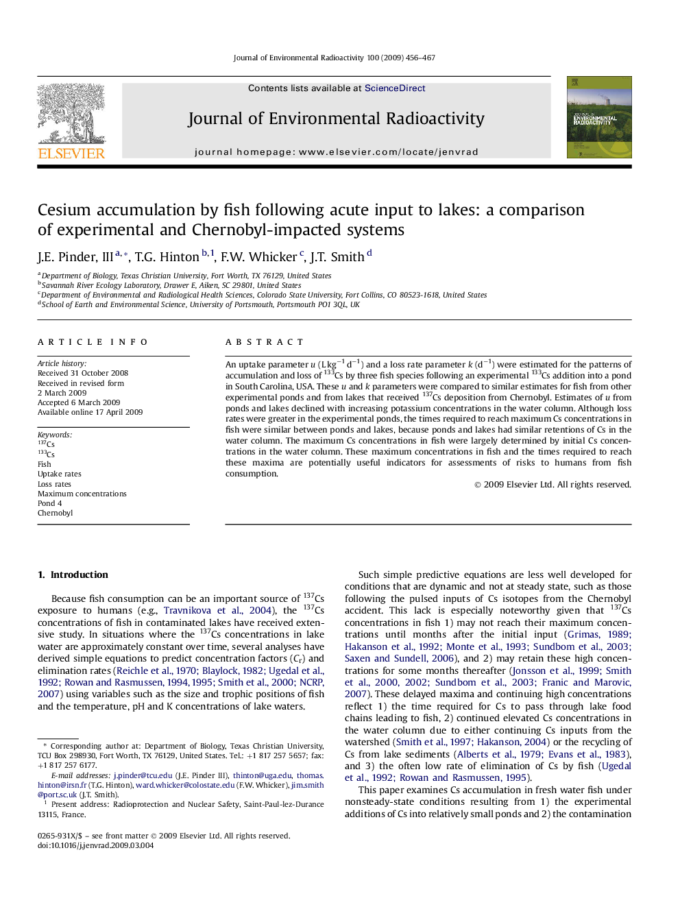 Cesium accumulation by fish following acute input to lakes: a comparison of experimental and Chernobyl-impacted systems