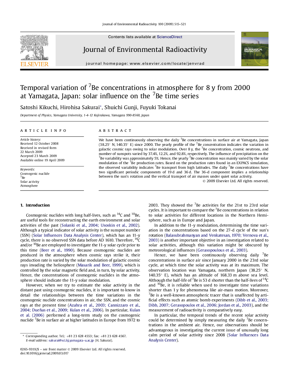 Temporal variation of 7Be concentrations in atmosphere for 8 y from 2000 at Yamagata, Japan: solar influence on the 7Be time series