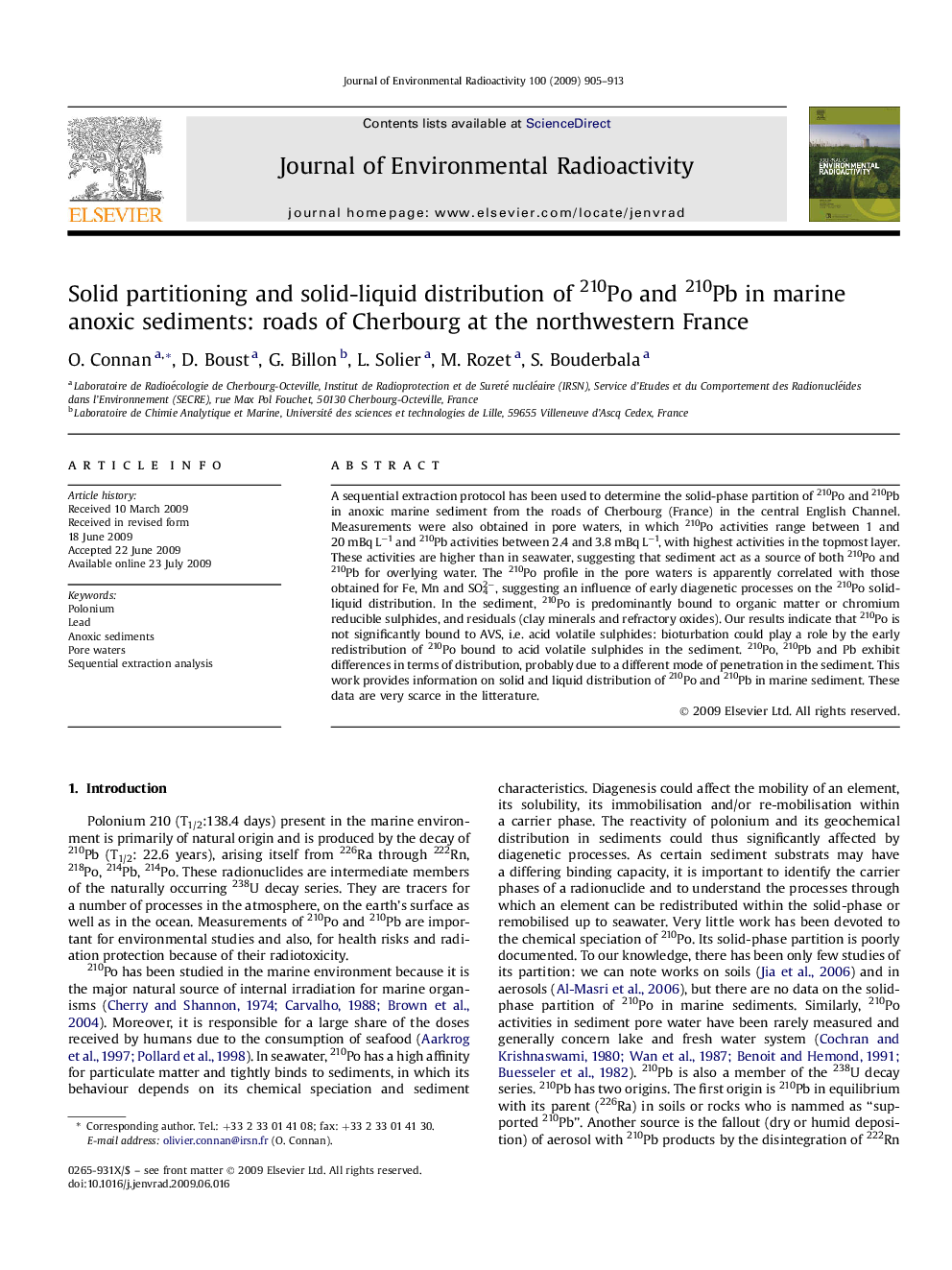 Solid partitioning and solid-liquid distribution of 210Po and 210Pb in marine anoxic sediments: roads of Cherbourg at the northwestern France