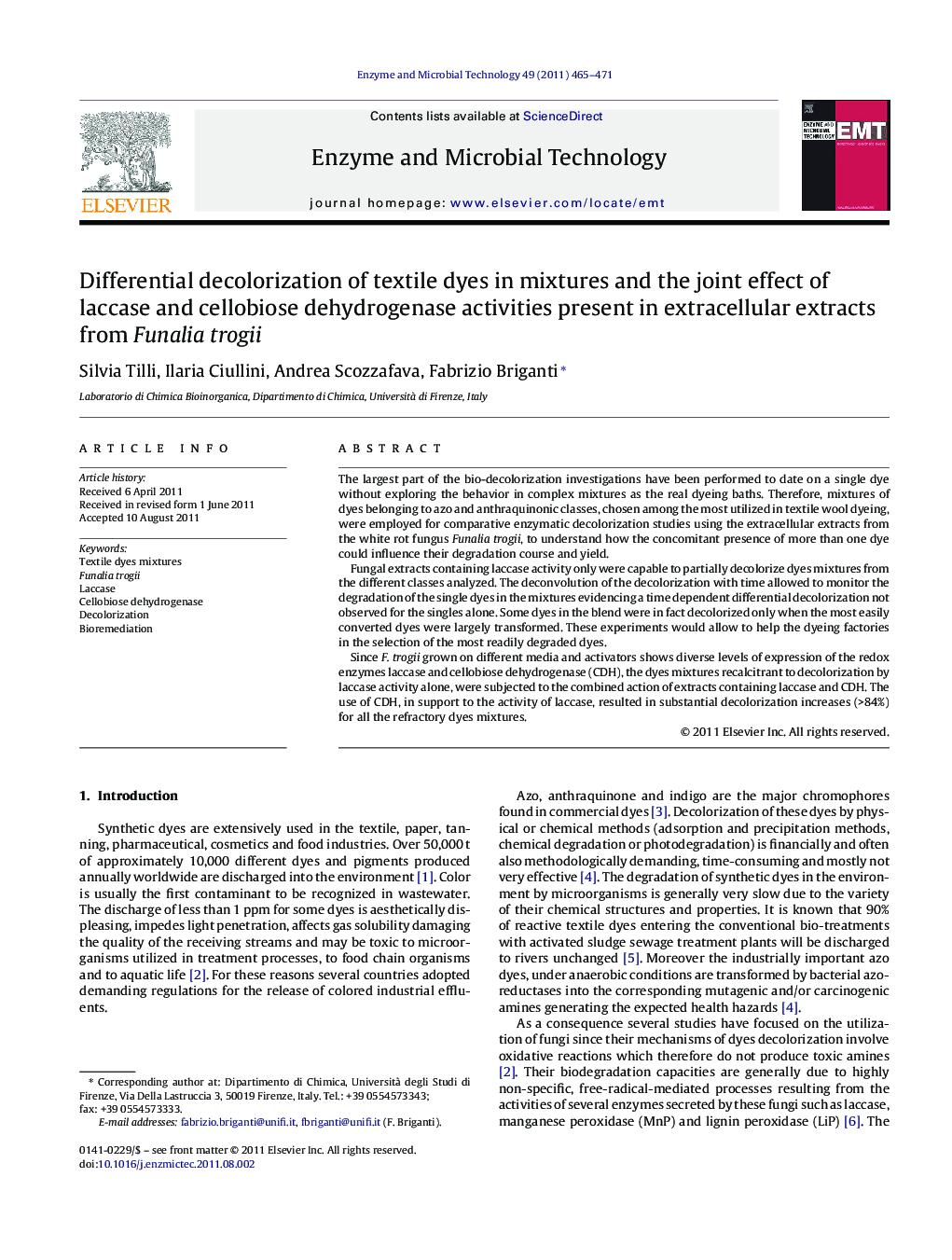 Differential decolorization of textile dyes in mixtures and the joint effect of laccase and cellobiose dehydrogenase activities present in extracellular extracts from Funalia trogii