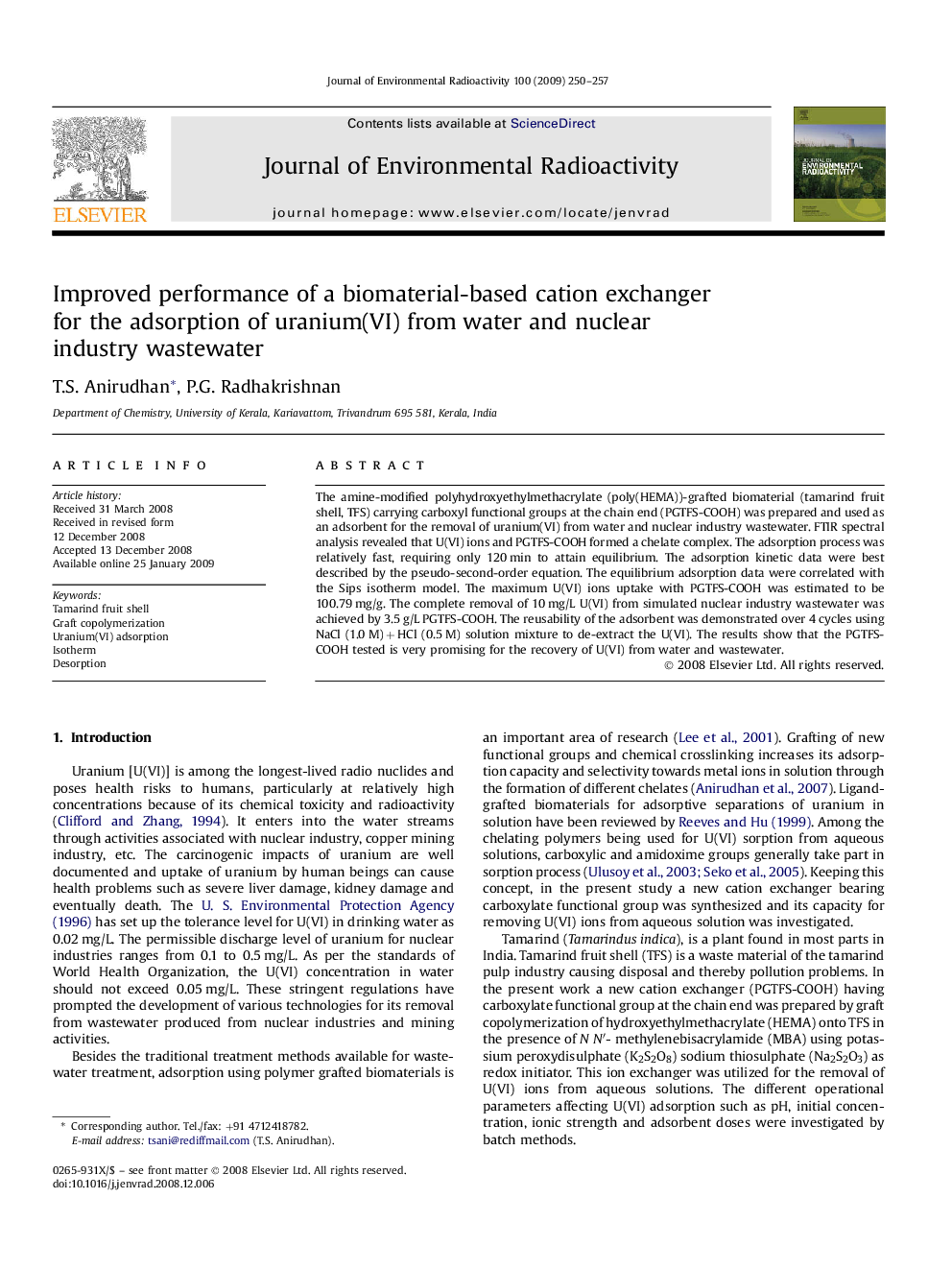 Improved performance of a biomaterial-based cation exchanger for the adsorption of uranium(VI) from water and nuclear industry wastewater