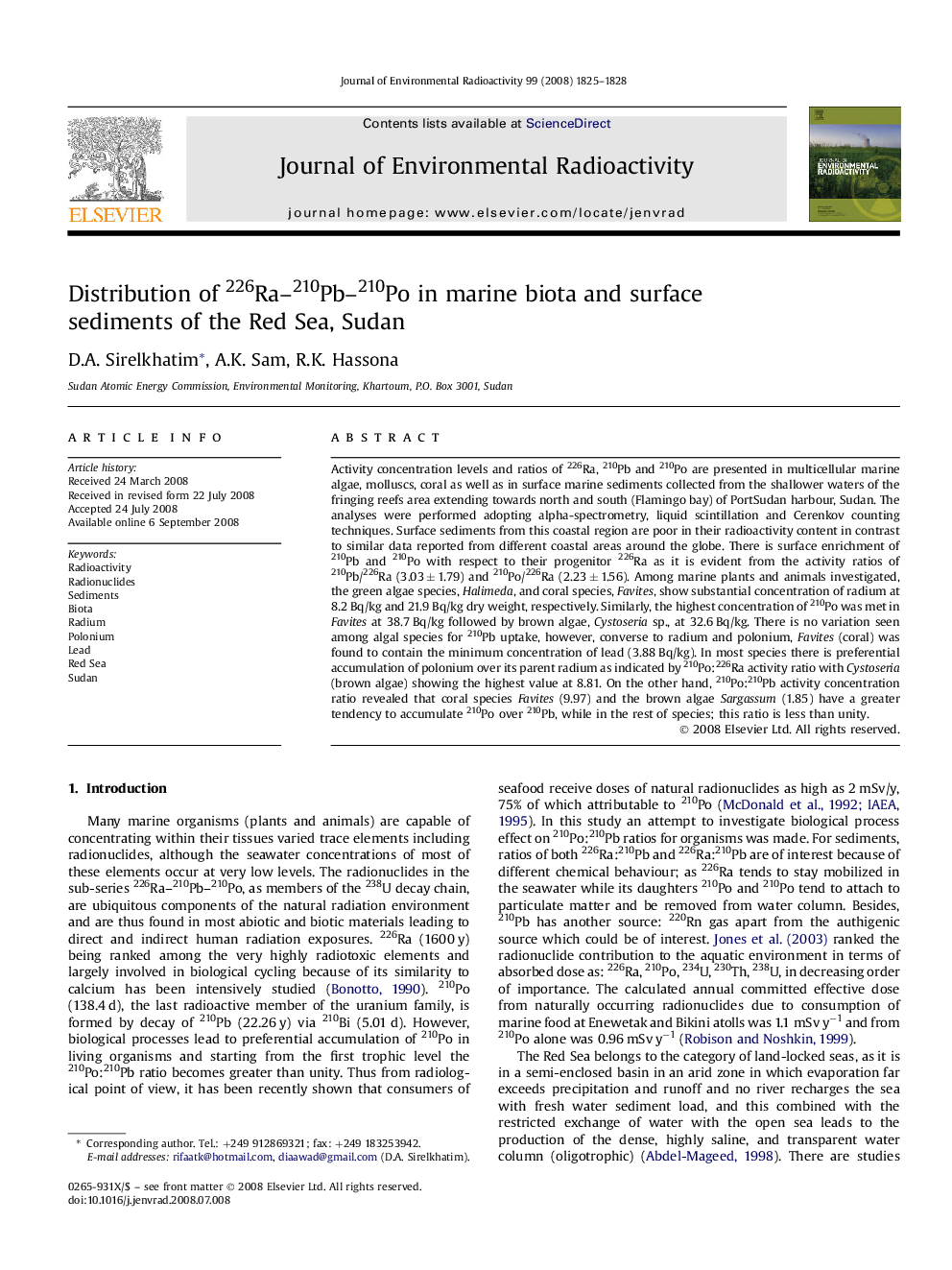 Distribution of 226Ra–210Pb–210Po in marine biota and surface sediments of the Red Sea, Sudan