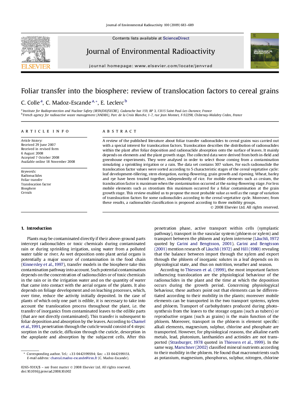 Foliar transfer into the biosphere: review of translocation factors to cereal grains