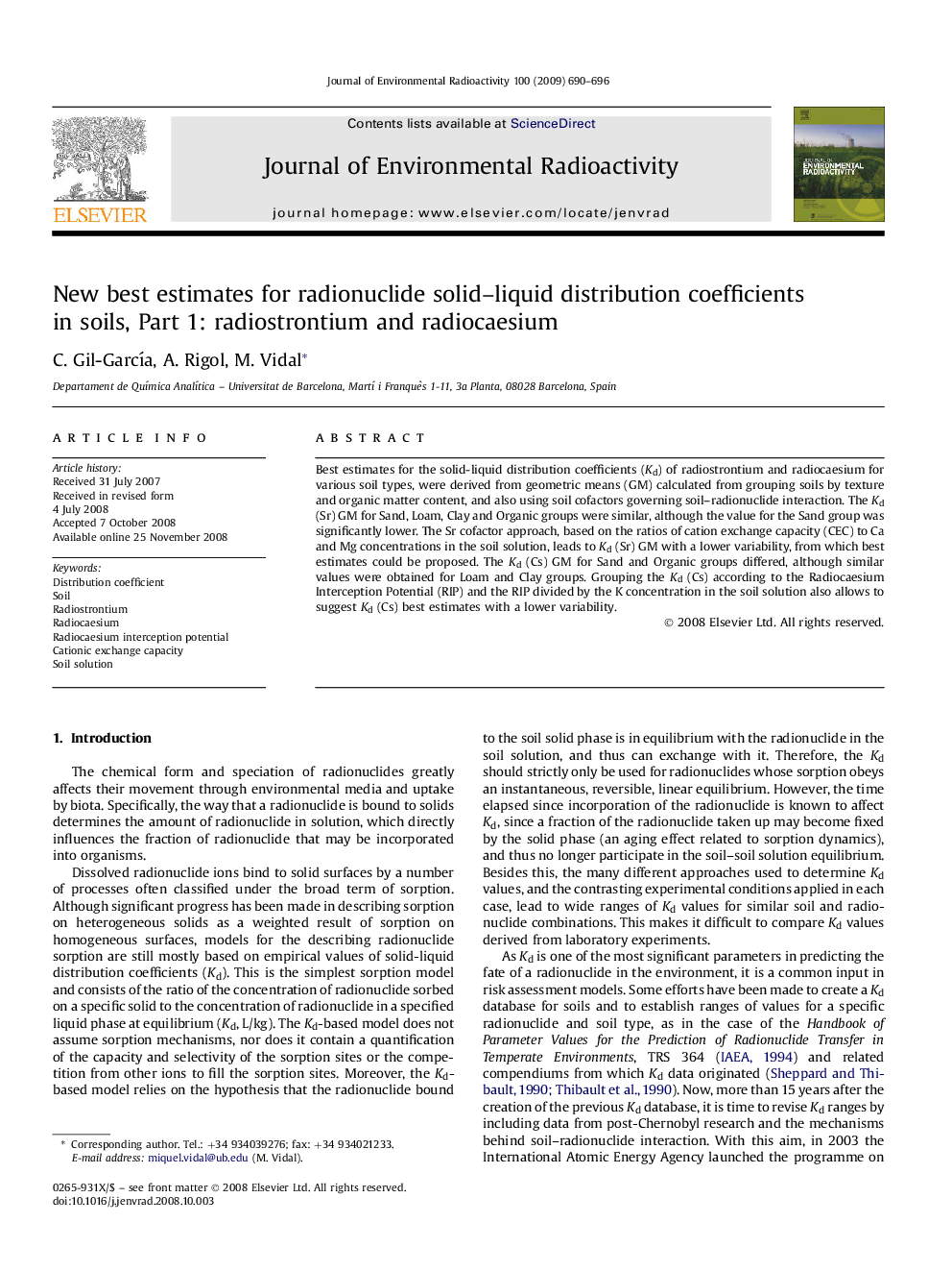 New best estimates for radionuclide solid–liquid distribution coefficients in soils, Part 1: radiostrontium and radiocaesium