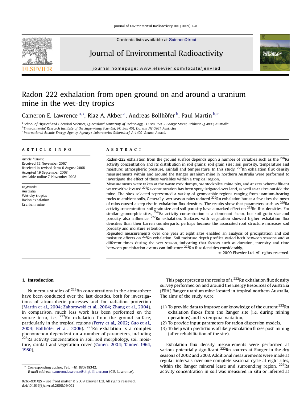 Radon-222 exhalation from open ground on and around a uranium mine in the wet-dry tropics