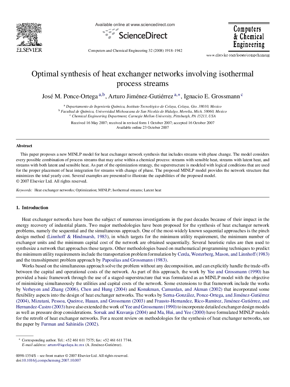 Optimal synthesis of heat exchanger networks involving isothermal process streams