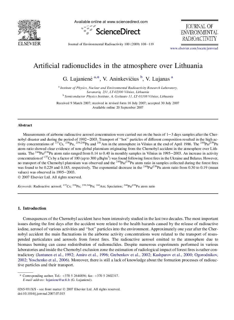 Artificial radionuclides in the atmosphere over Lithuania