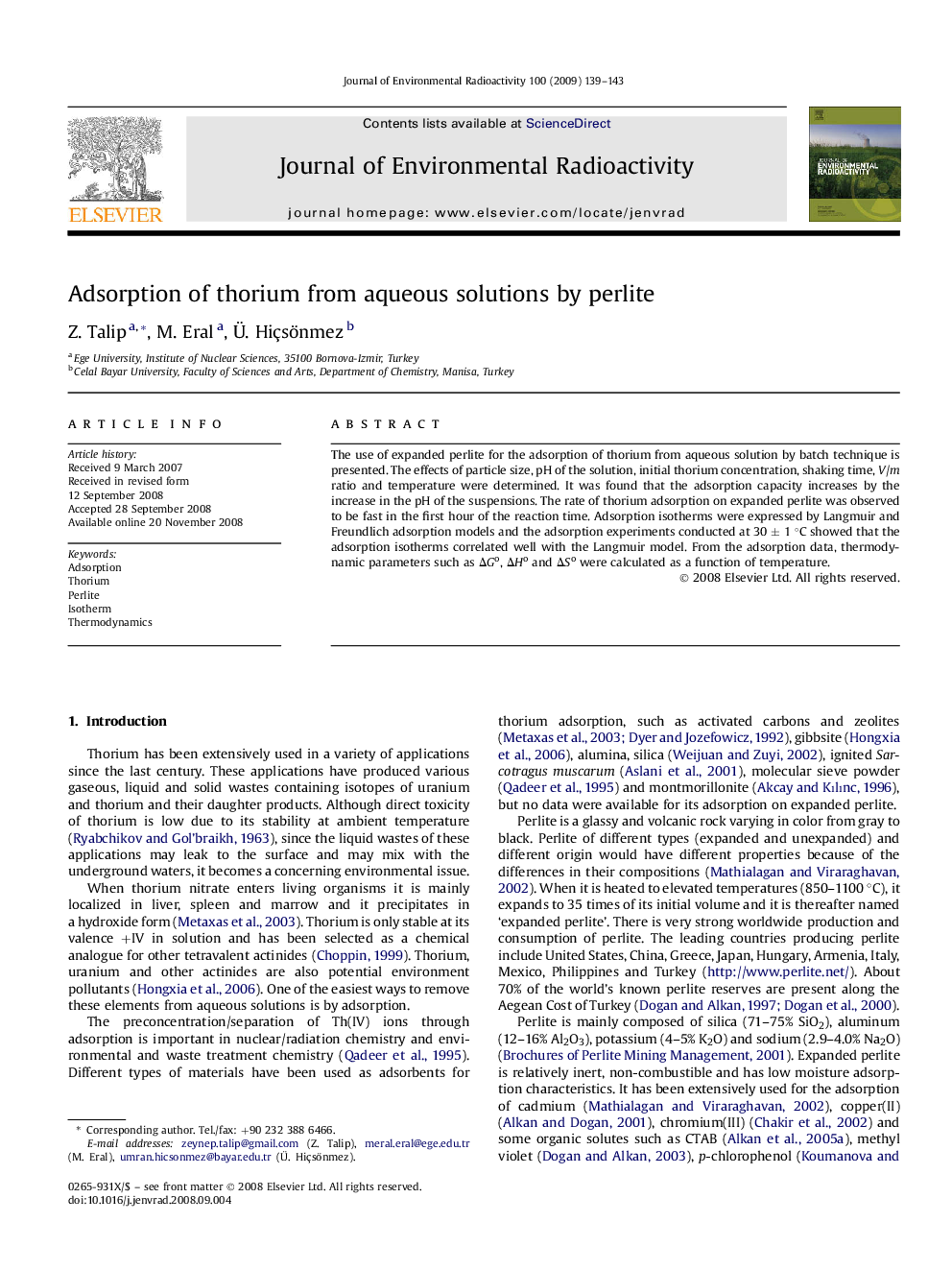 Adsorption of thorium from aqueous solutions by perlite