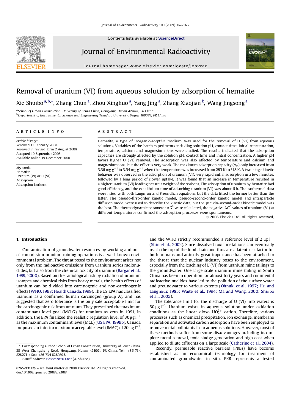 Removal of uranium (VI) from aqueous solution by adsorption of hematite