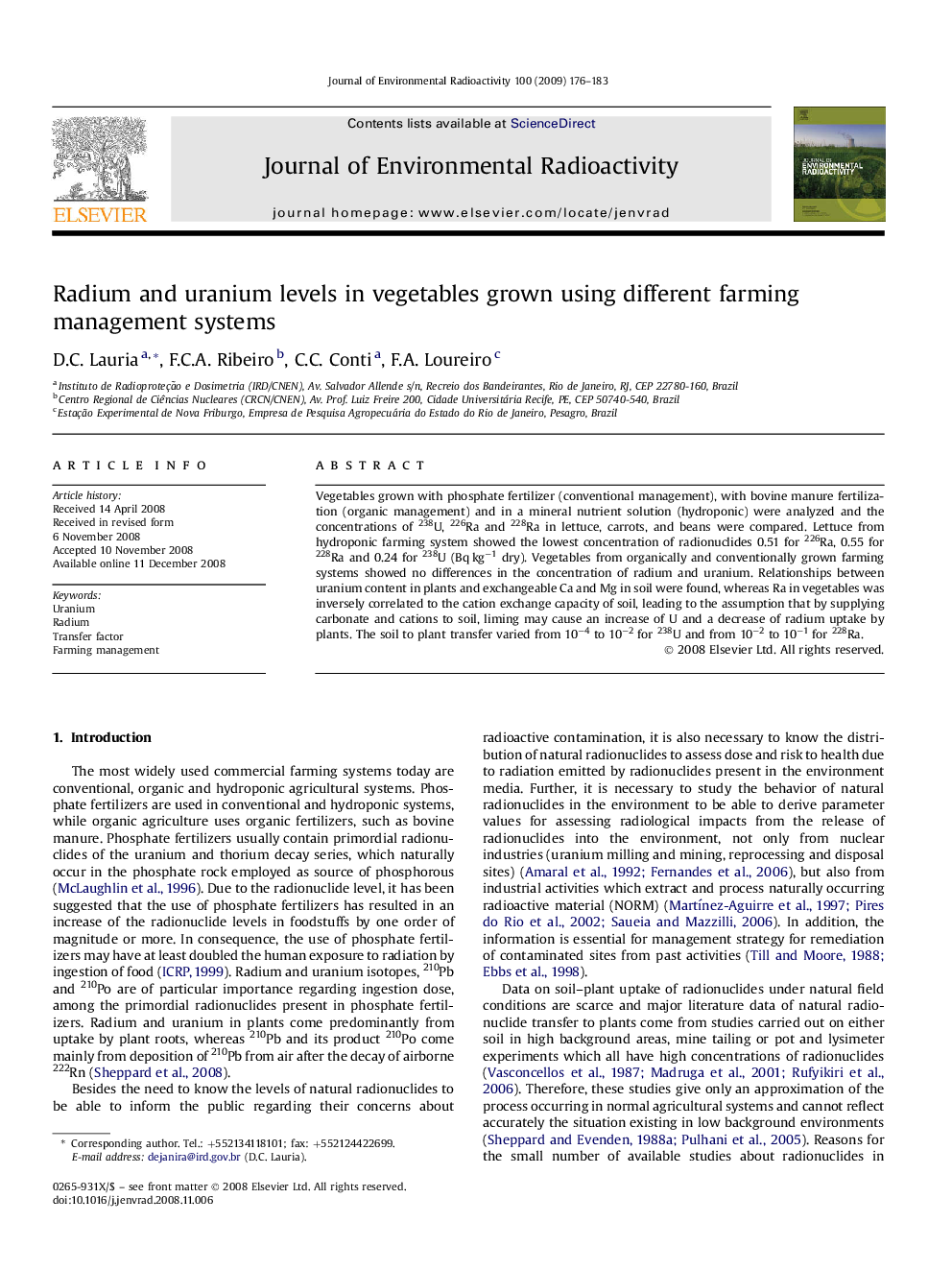 Radium and uranium levels in vegetables grown using different farming management systems