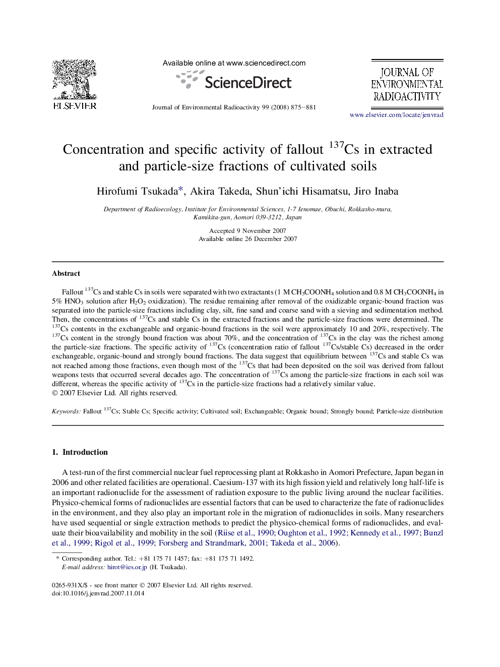 Concentration and specific activity of fallout 137Cs in extracted and particle-size fractions of cultivated soils