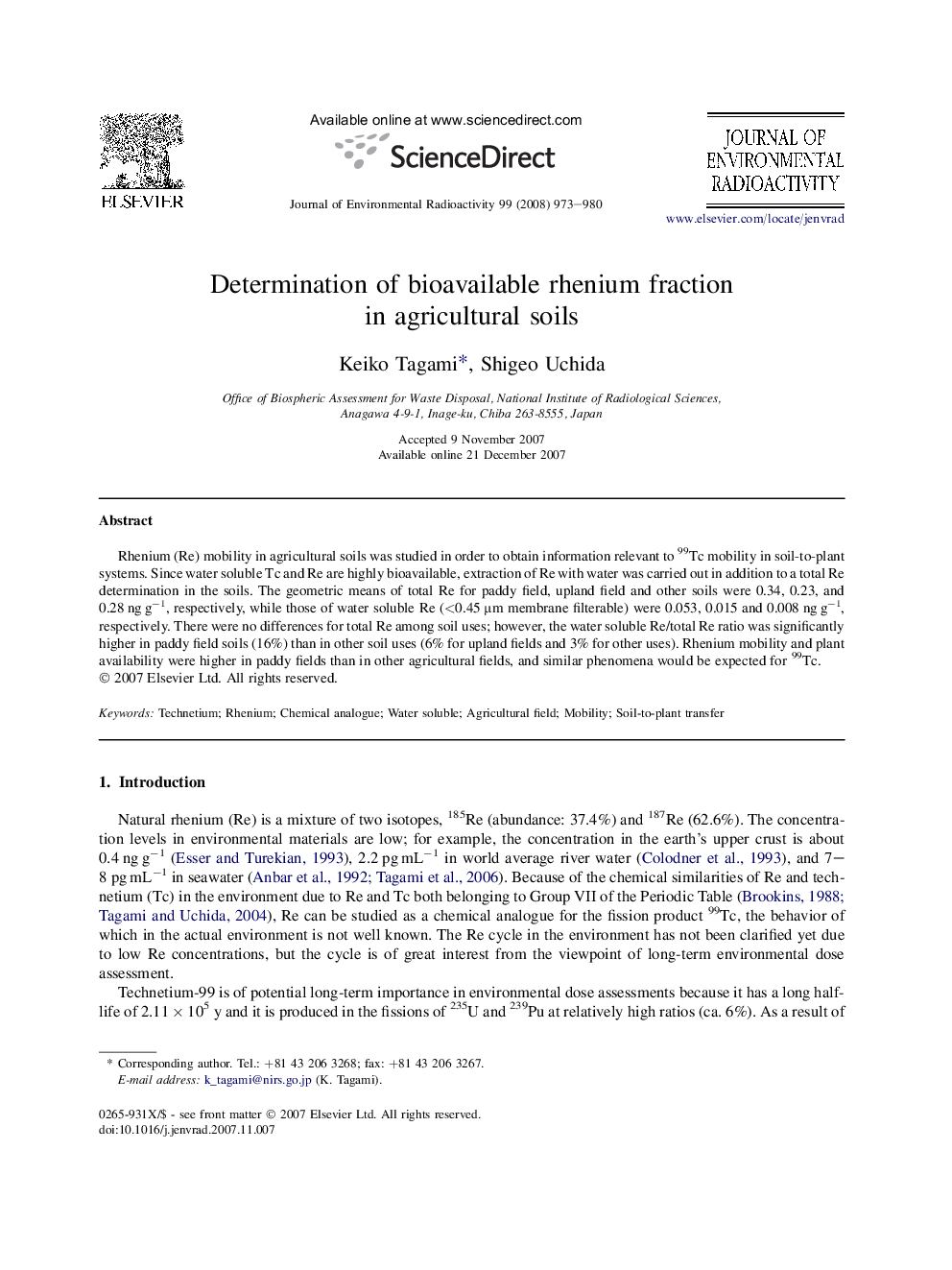 Determination of bioavailable rhenium fraction in agricultural soils