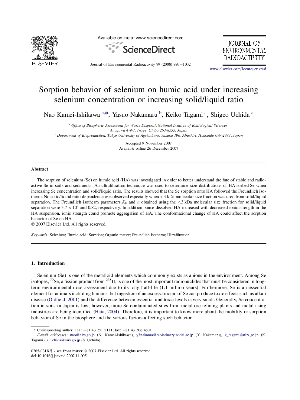 Sorption behavior of selenium on humic acid under increasing selenium concentration or increasing solid/liquid ratio