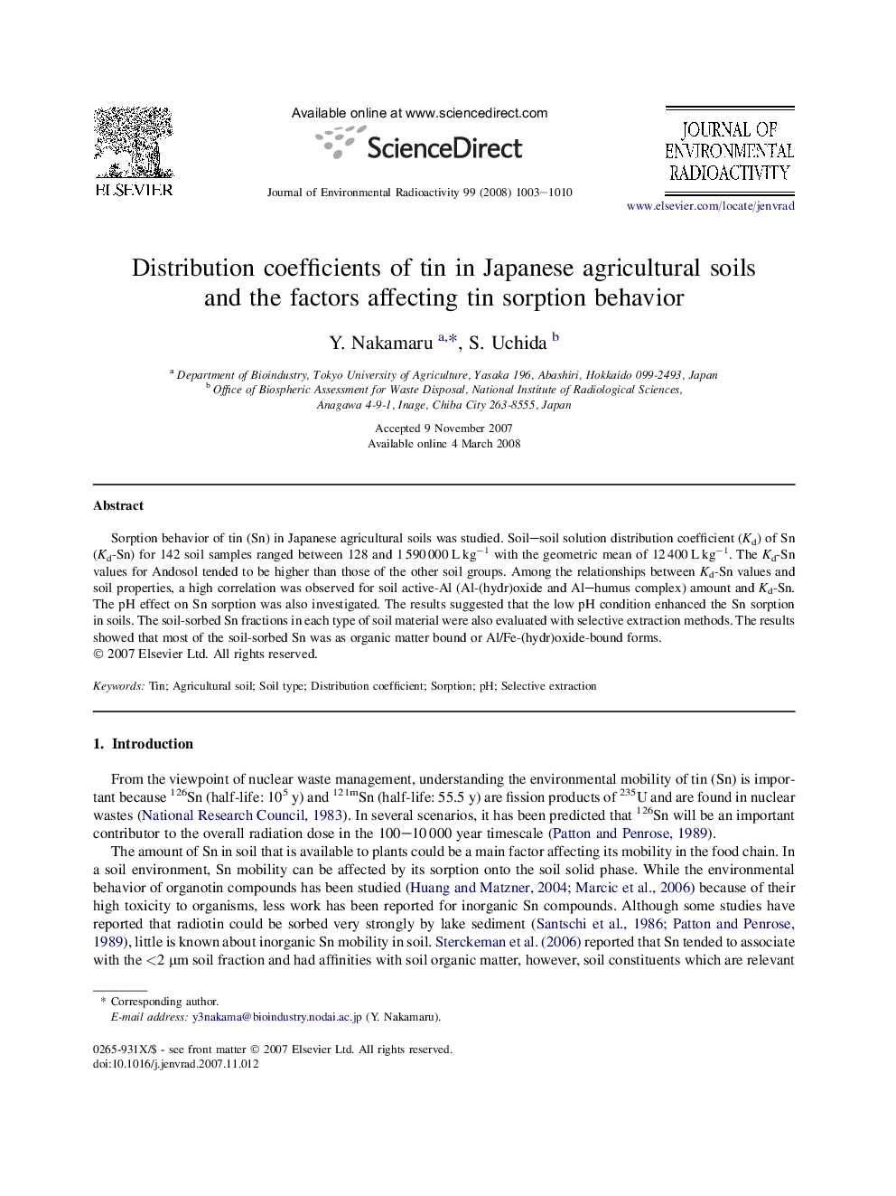 Distribution coefficients of tin in Japanese agricultural soils and the factors affecting tin sorption behavior