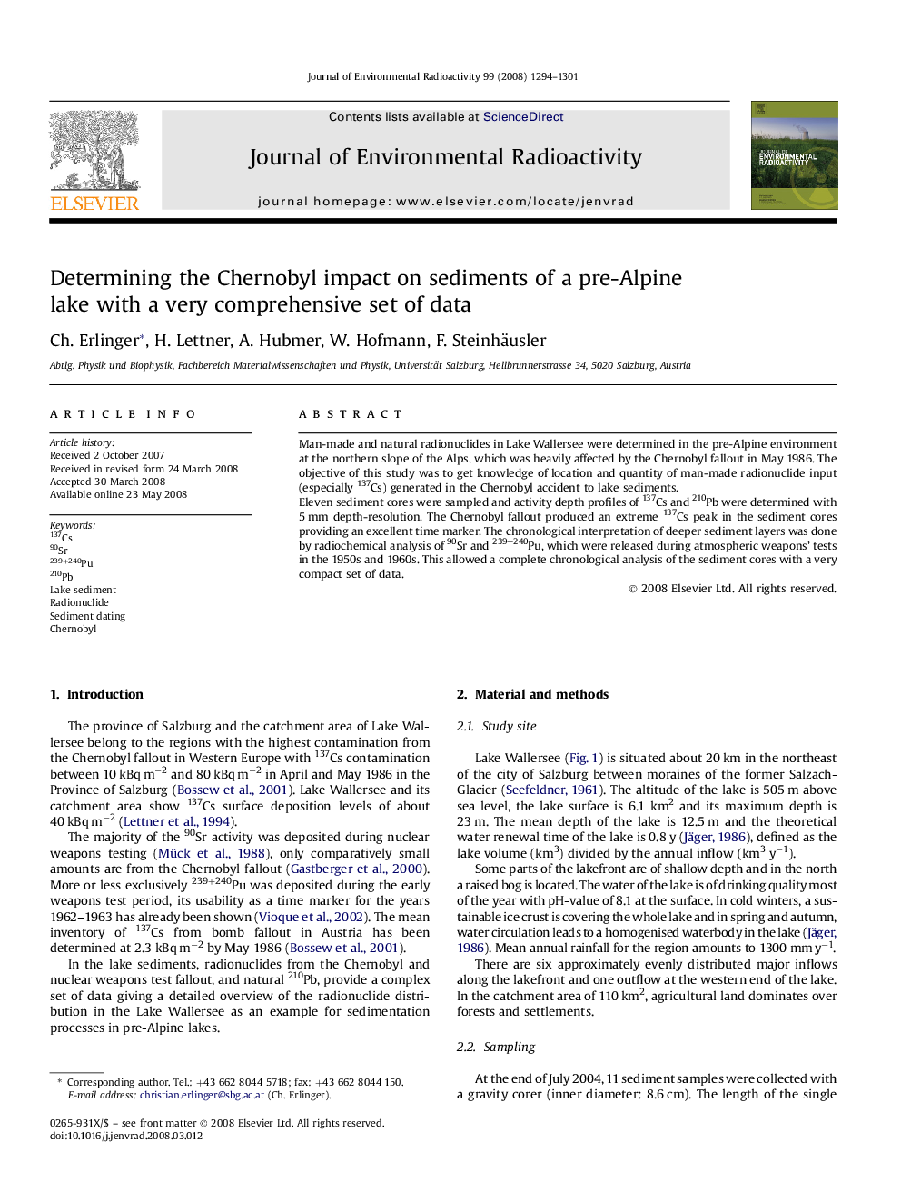 Determining the Chernobyl impact on sediments of a pre-Alpine lake with a very comprehensive set of data