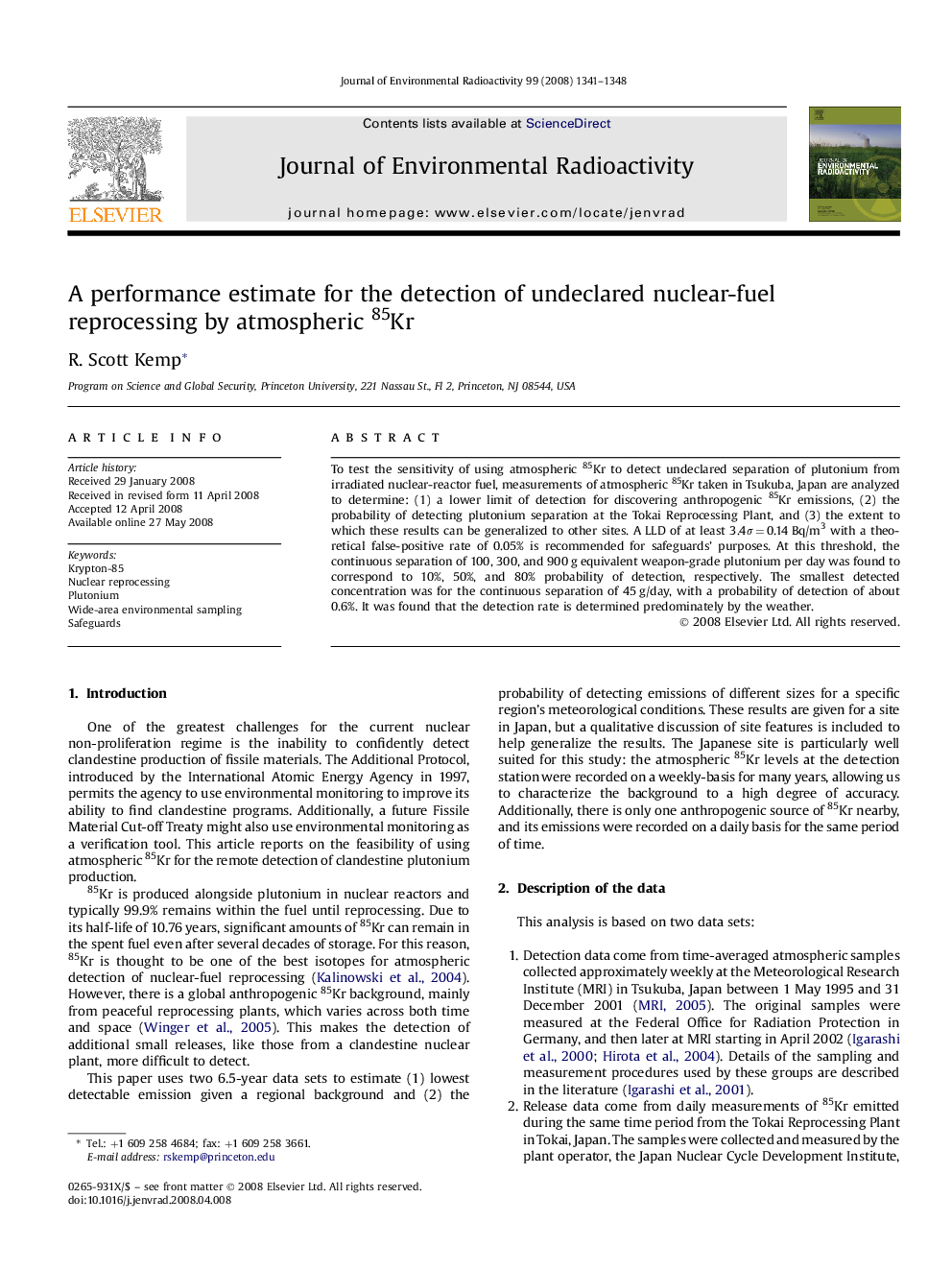 A performance estimate for the detection of undeclared nuclear-fuel reprocessing by atmospheric 85Kr