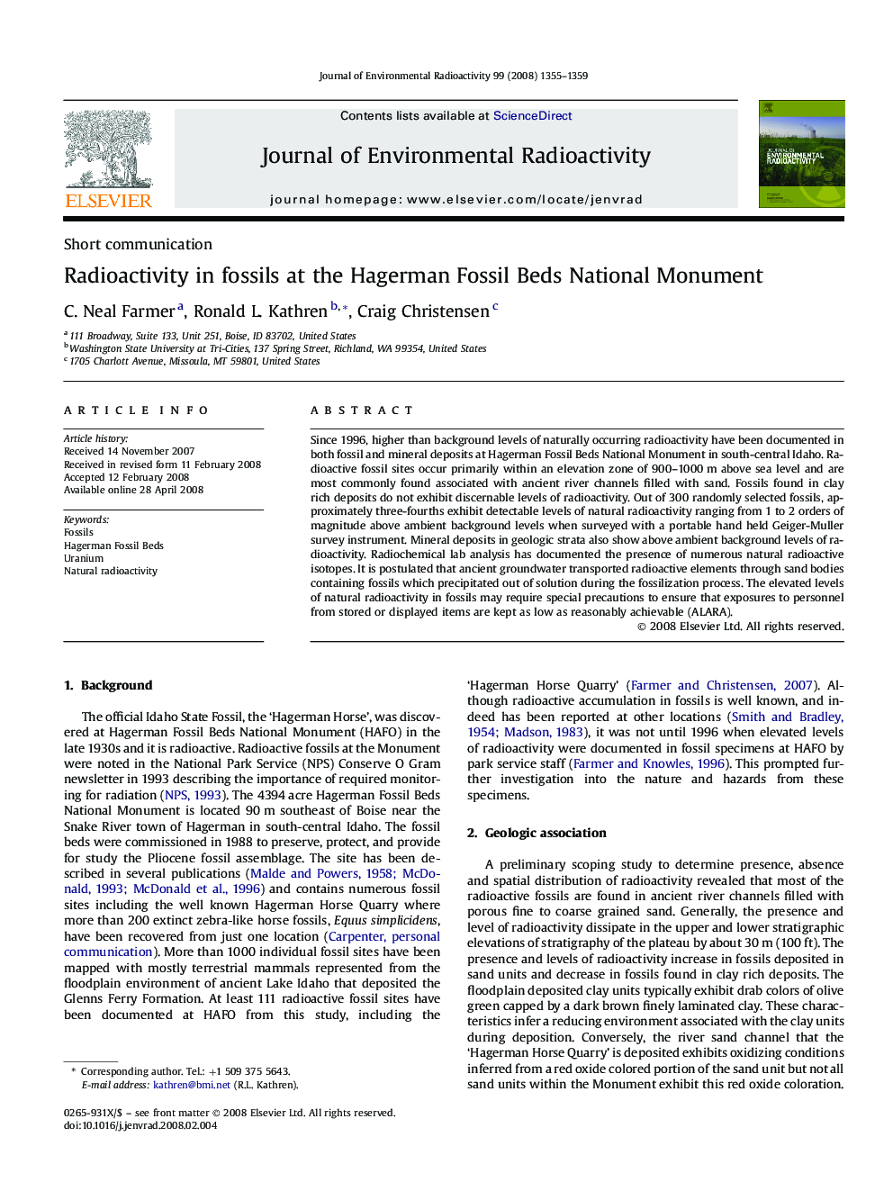 Radioactivity in fossils at the Hagerman Fossil Beds National Monument