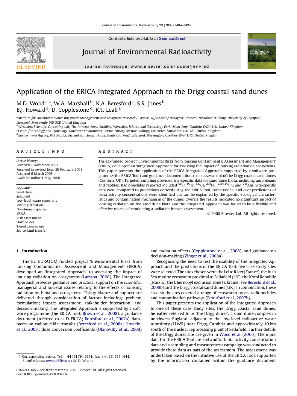 Application of the ERICA Integrated Approach to the Drigg coastal sand dunes