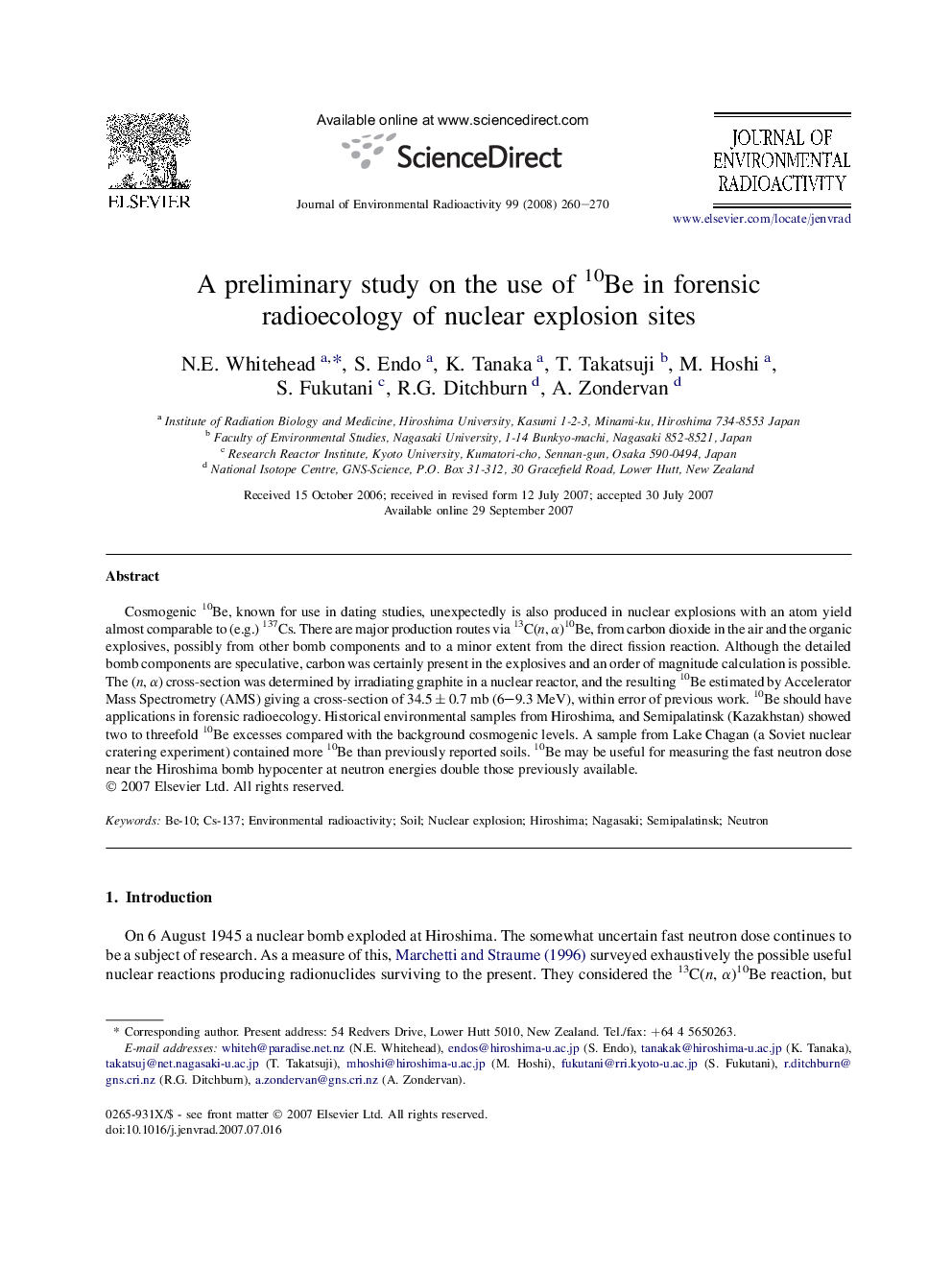 A preliminary study on the use of 10Be in forensic radioecology of nuclear explosion sites