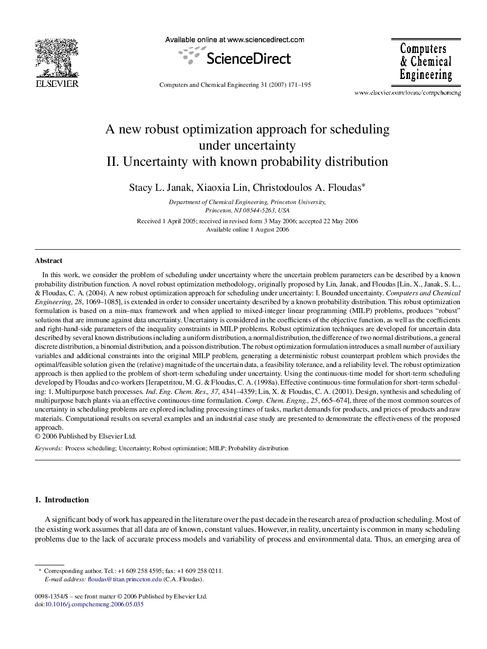 A new robust optimization approach for scheduling under uncertainty: II. Uncertainty with known probability distribution