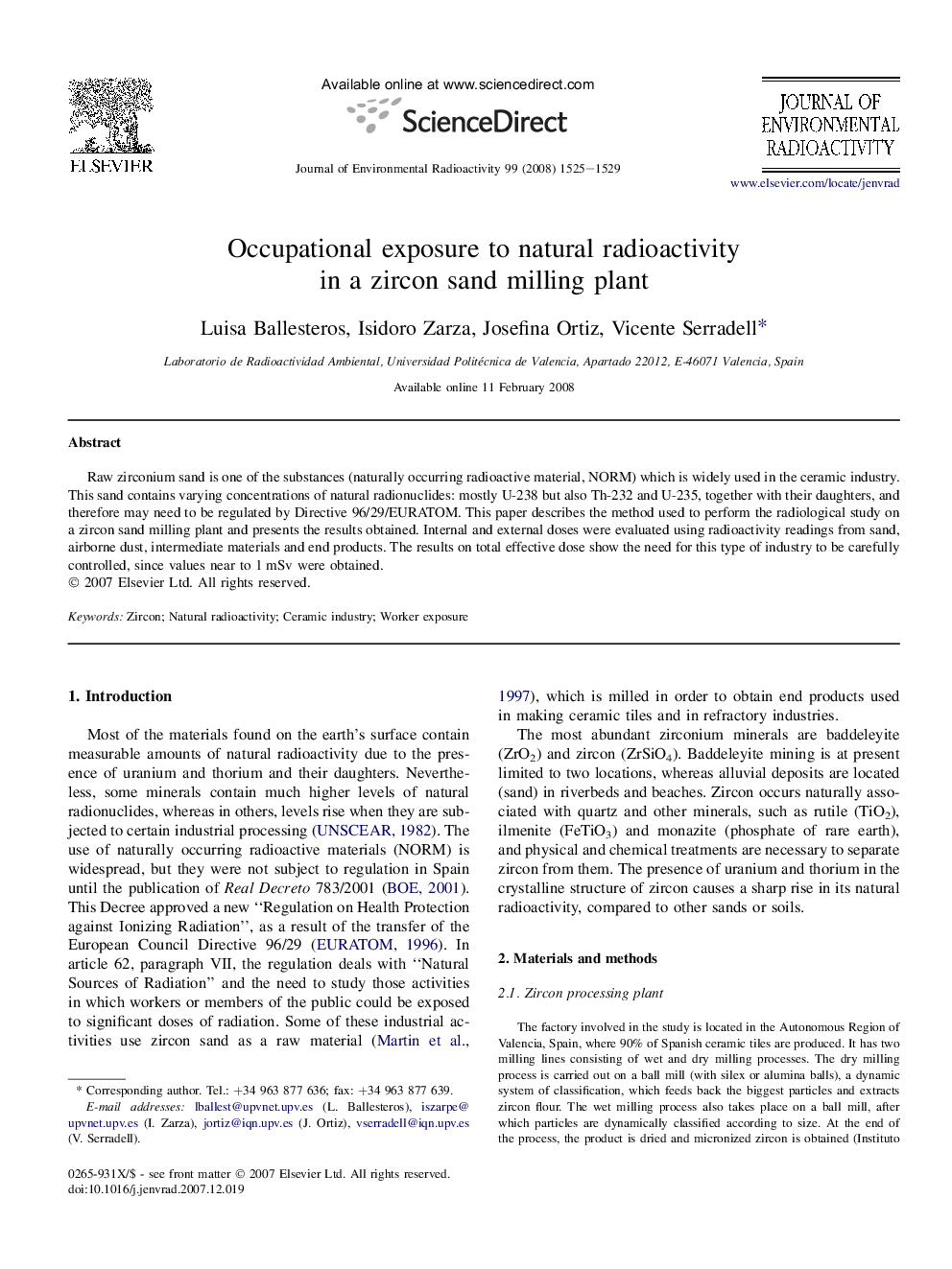 Occupational exposure to natural radioactivity in a zircon sand milling plant