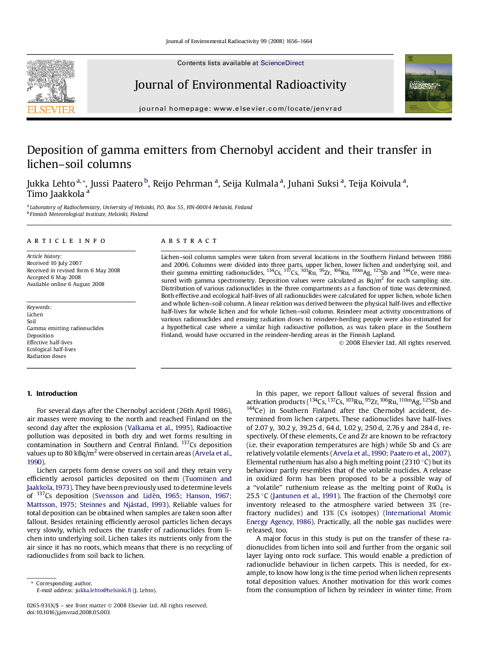 Deposition of gamma emitters from Chernobyl accident and their transfer in lichen–soil columns