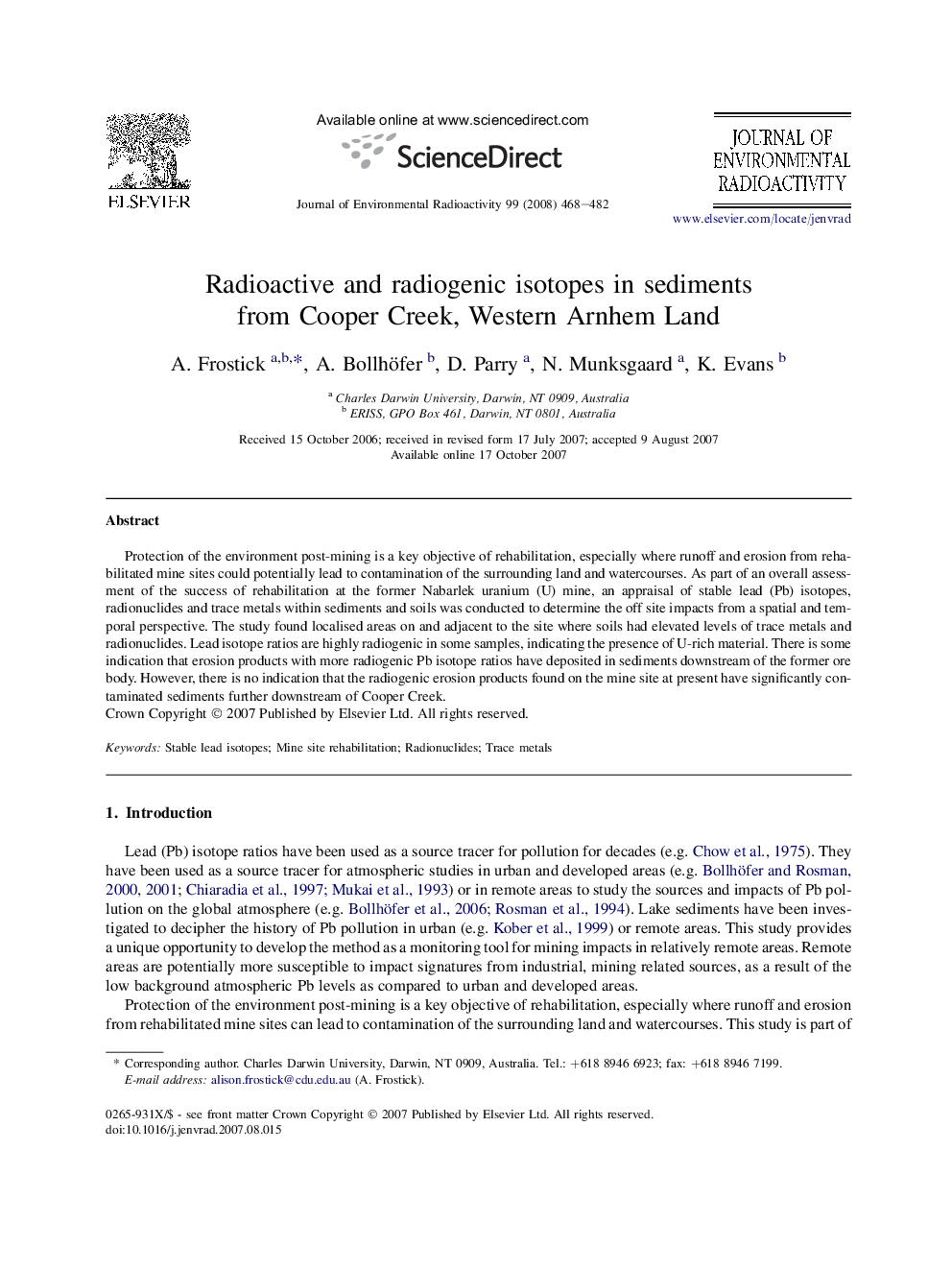 Radioactive and radiogenic isotopes in sediments from Cooper Creek, Western Arnhem Land