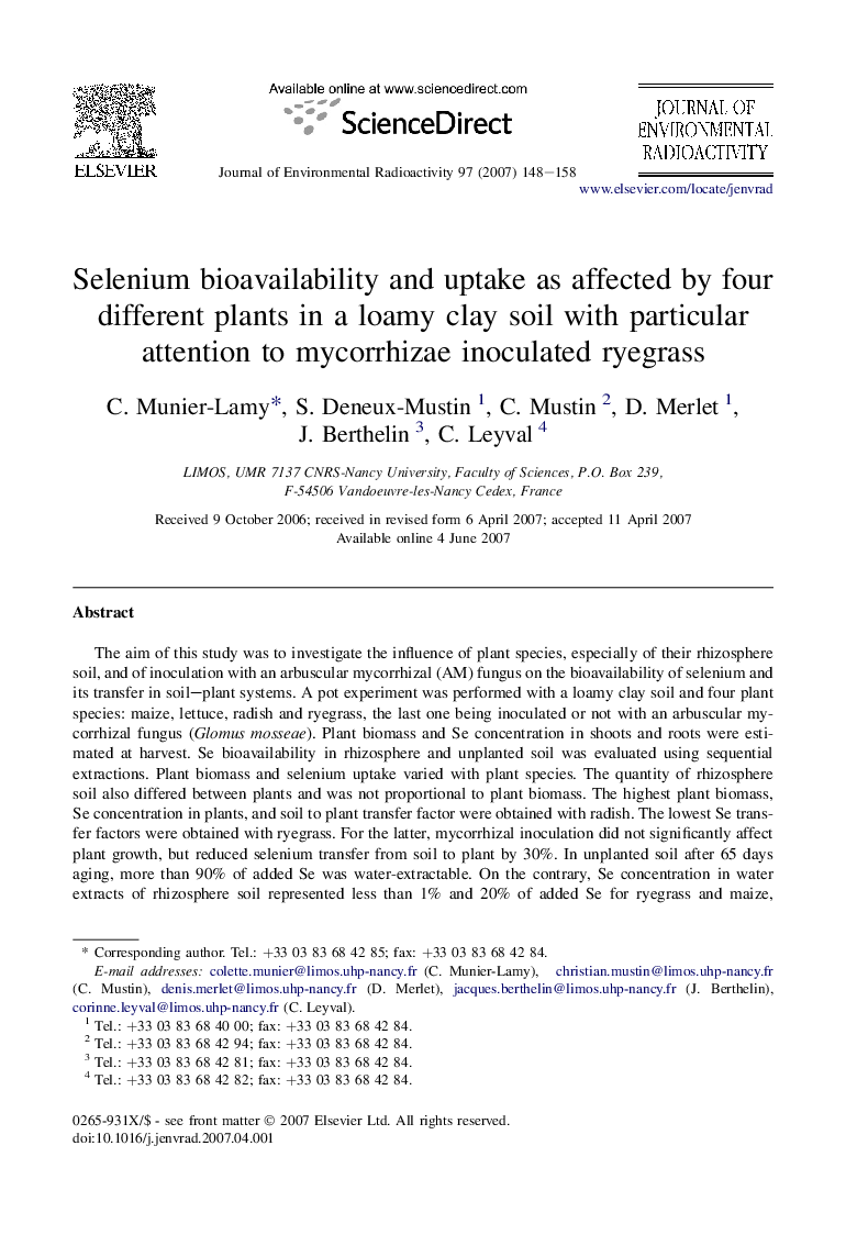 Selenium bioavailability and uptake as affected by four different plants in a loamy clay soil with particular attention to mycorrhizae inoculated ryegrass