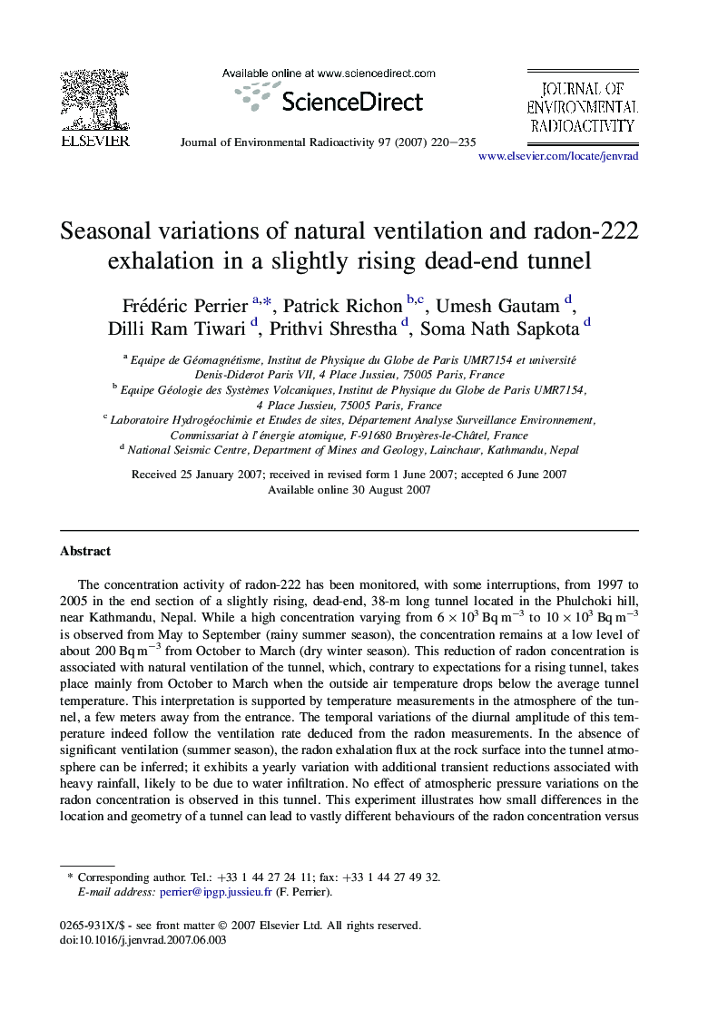 Seasonal variations of natural ventilation and radon-222 exhalation in a slightly rising dead-end tunnel