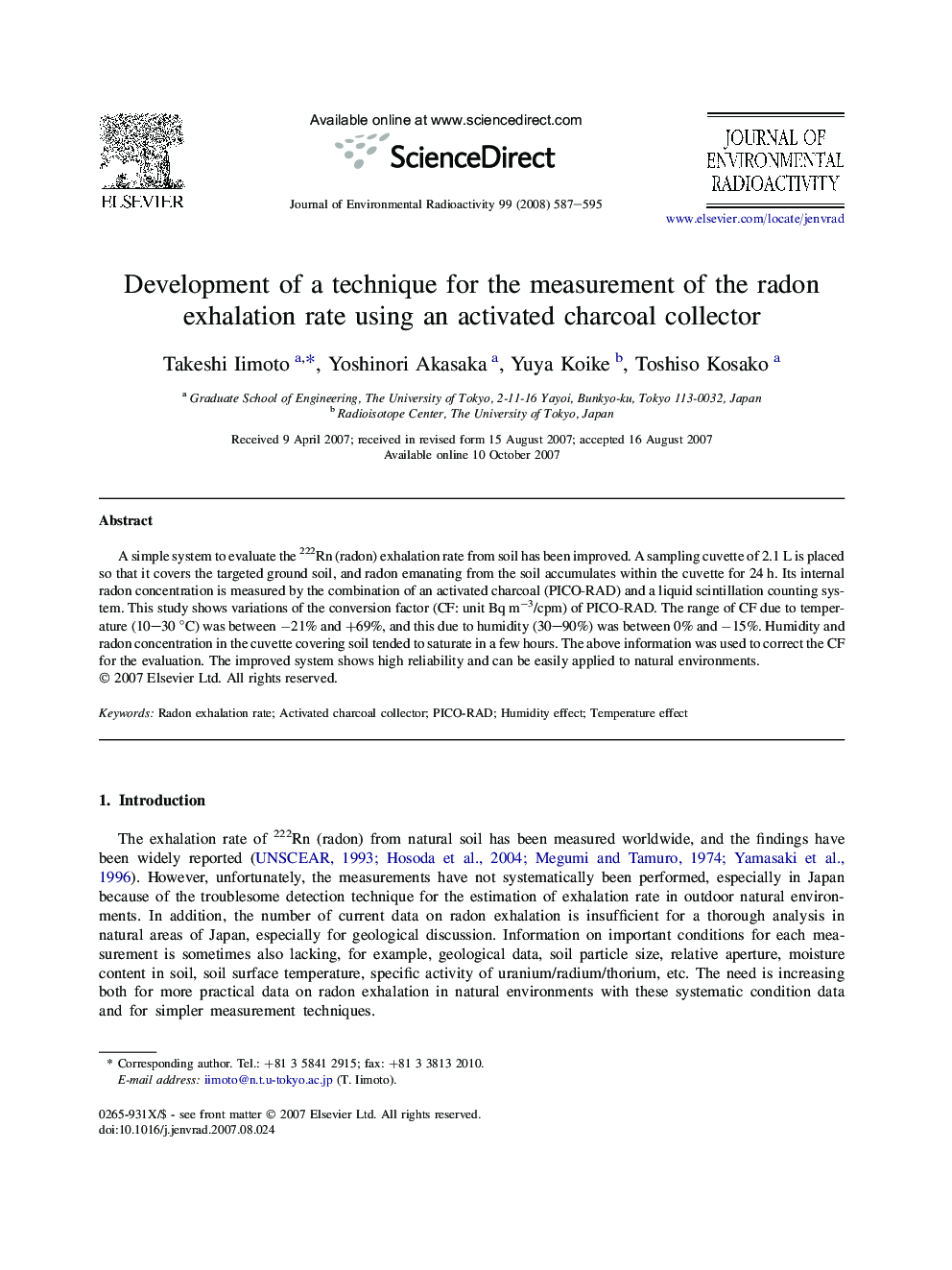 Development of a technique for the measurement of the radon exhalation rate using an activated charcoal collector