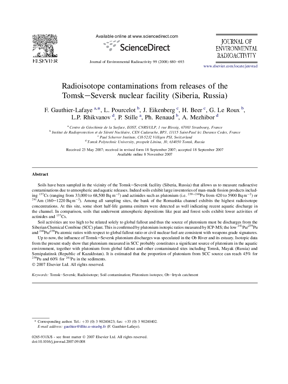 Radioisotope contaminations from releases of the Tomsk-Seversk nuclear facility (Siberia, Russia)