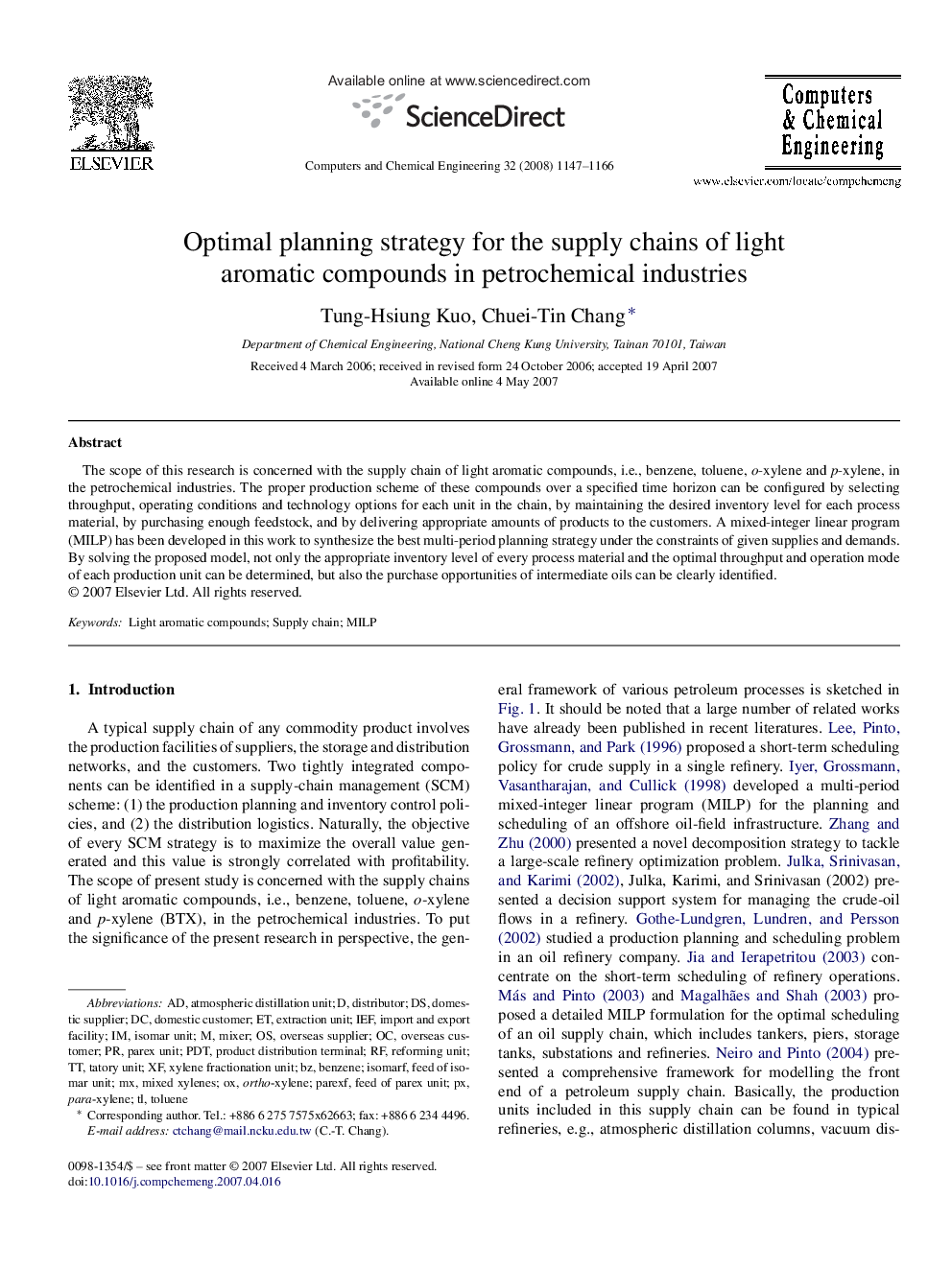 Optimal planning strategy for the supply chains of light aromatic compounds in petrochemical industries
