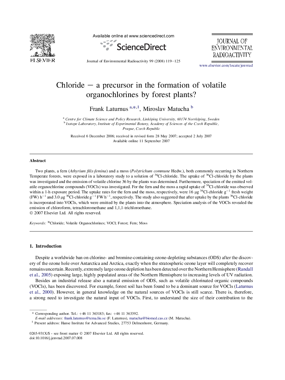 Chloride – a precursor in the formation of volatile organochlorines by forest plants?