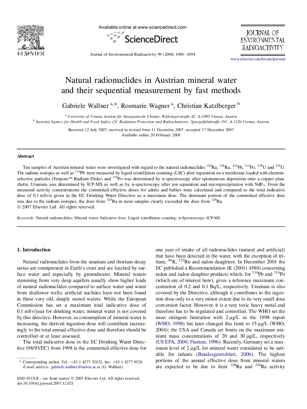 Natural radionuclides in Austrian mineral water and their sequential measurement by fast methods