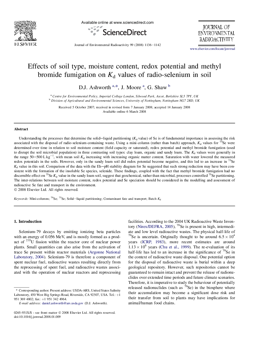 Effects of soil type, moisture content, redox potential and methyl bromide fumigation on Kd values of radio-selenium in soil