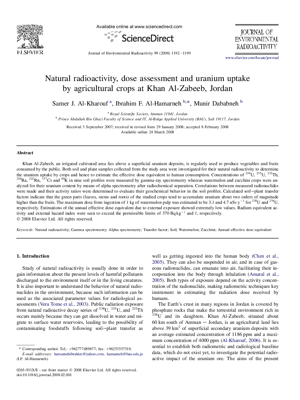 Natural radioactivity, dose assessment and uranium uptake by agricultural crops at Khan Al-Zabeeb, Jordan