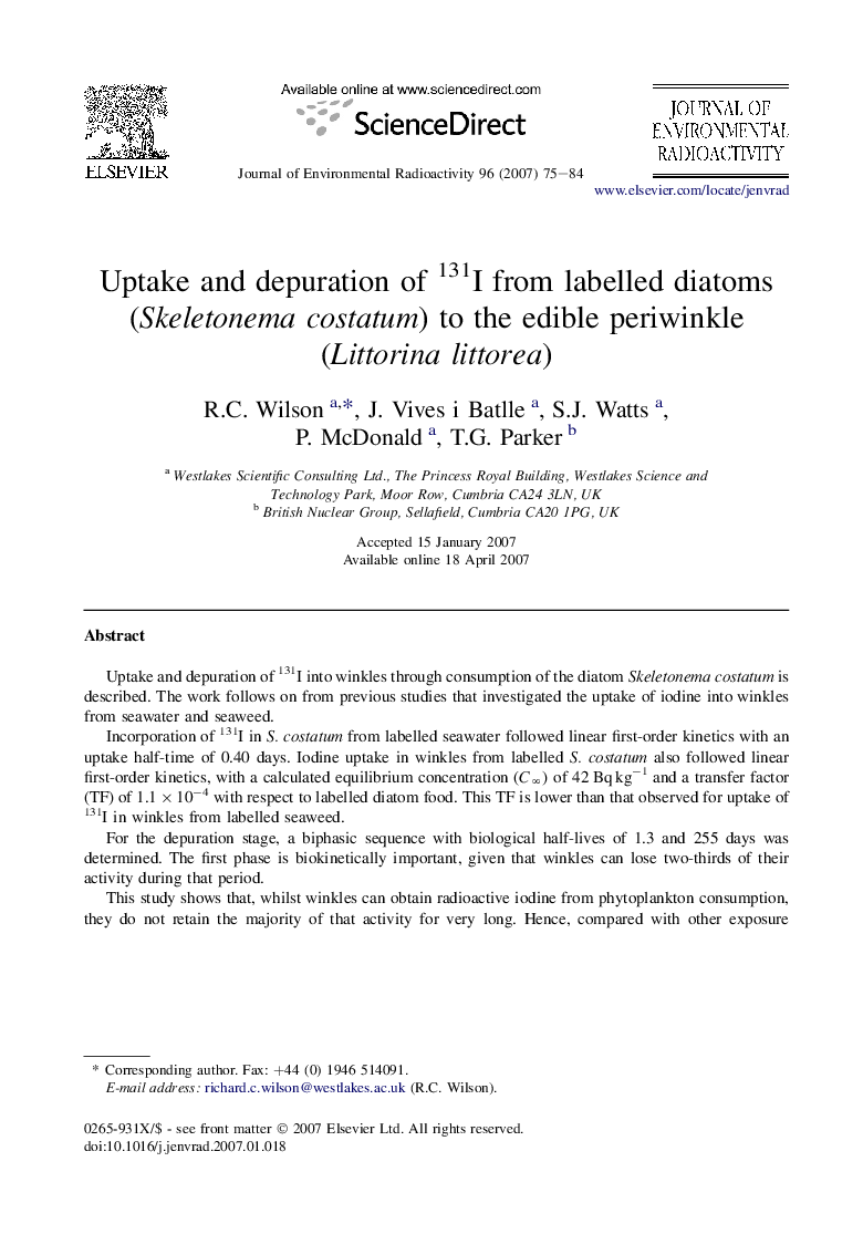 Uptake and depuration of 131I from labelled diatoms (Skeletonema costatum) to the edible periwinkle (Littorina littorea)