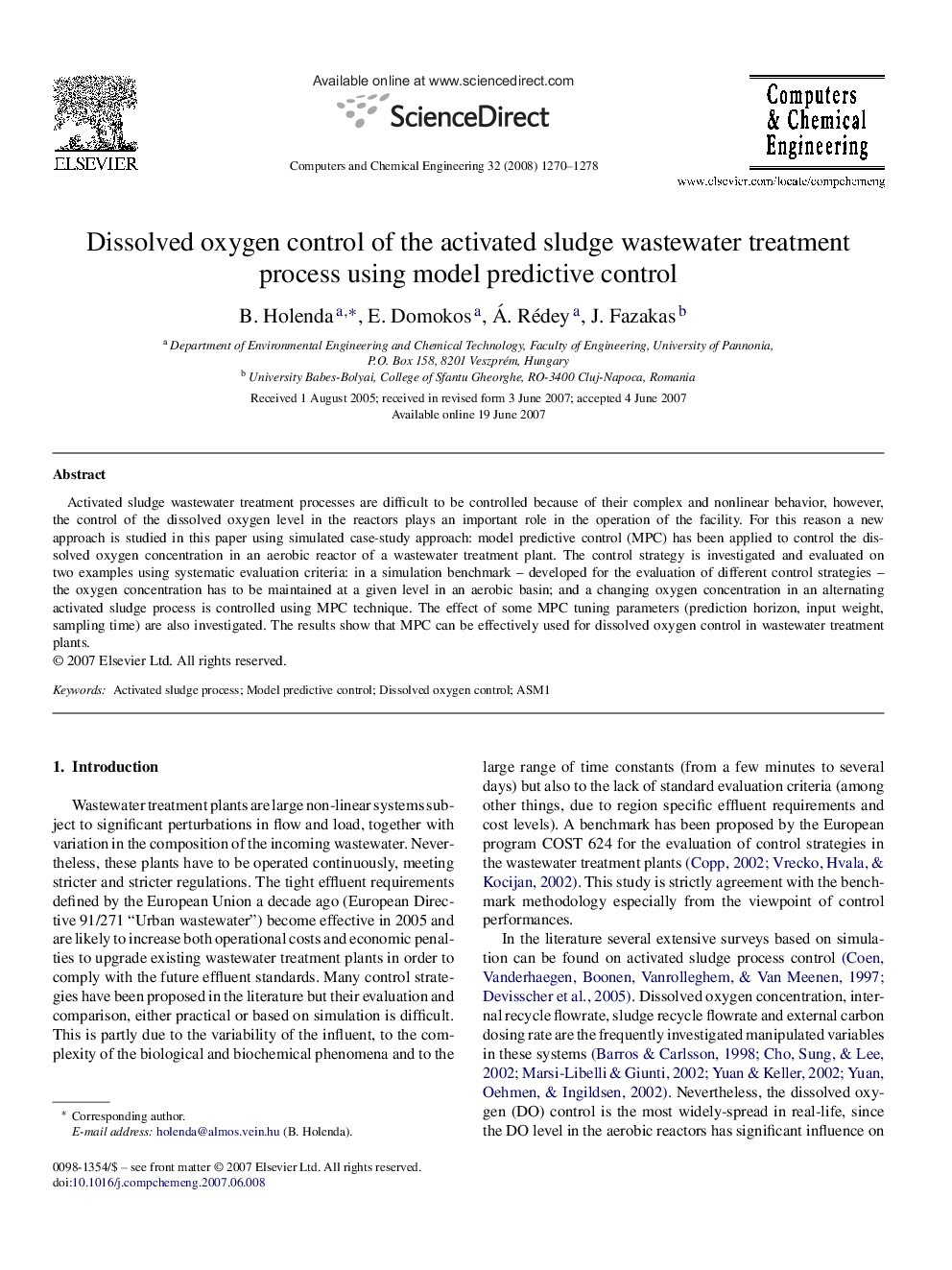 Dissolved oxygen control of the activated sludge wastewater treatment process using model predictive control