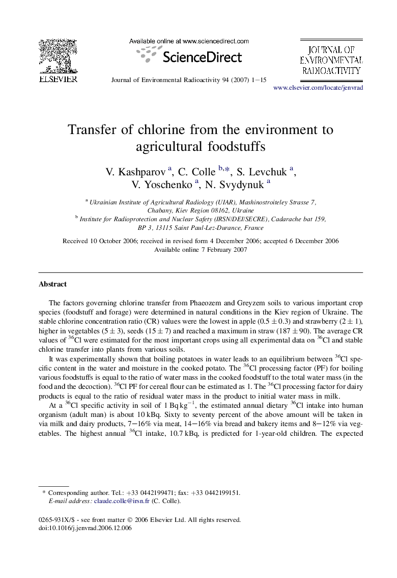 Transfer of chlorine from the environment to agricultural foodstuffs