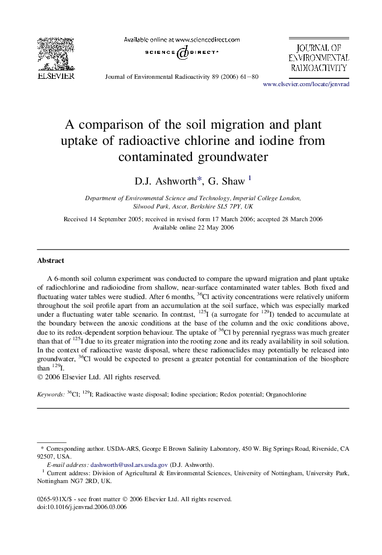 A comparison of the soil migration and plant uptake of radioactive chlorine and iodine from contaminated groundwater