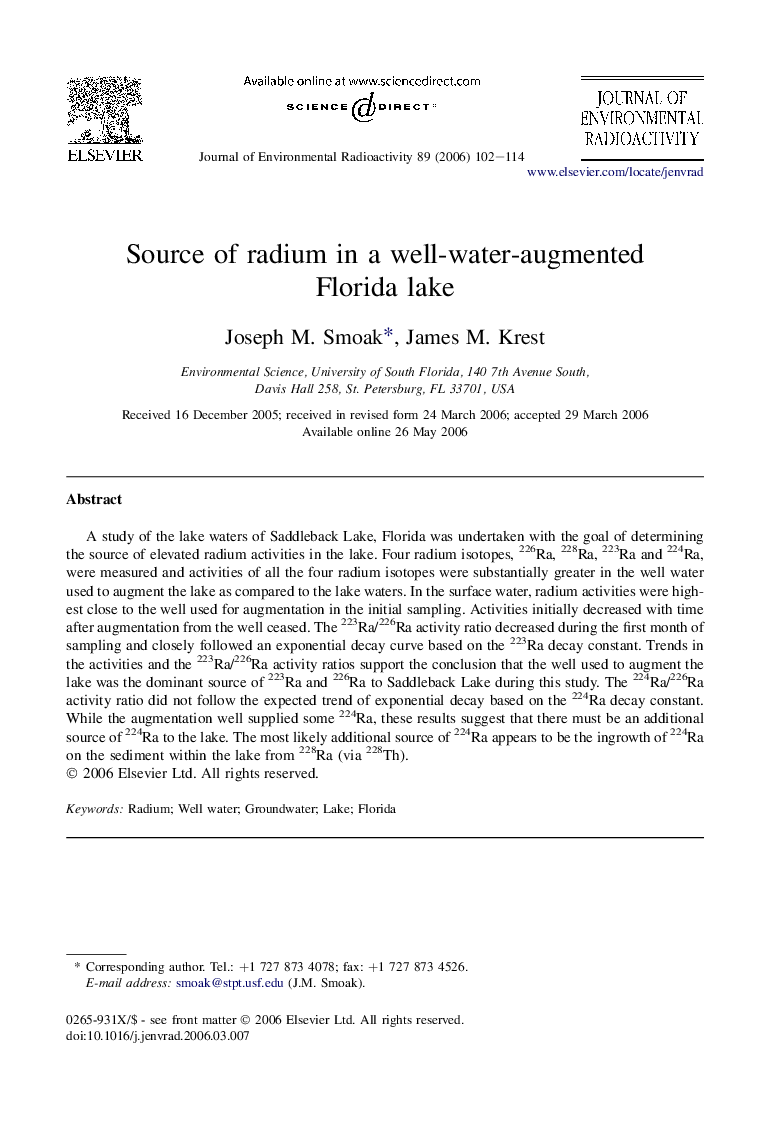 Source of radium in a well-water-augmented Florida lake