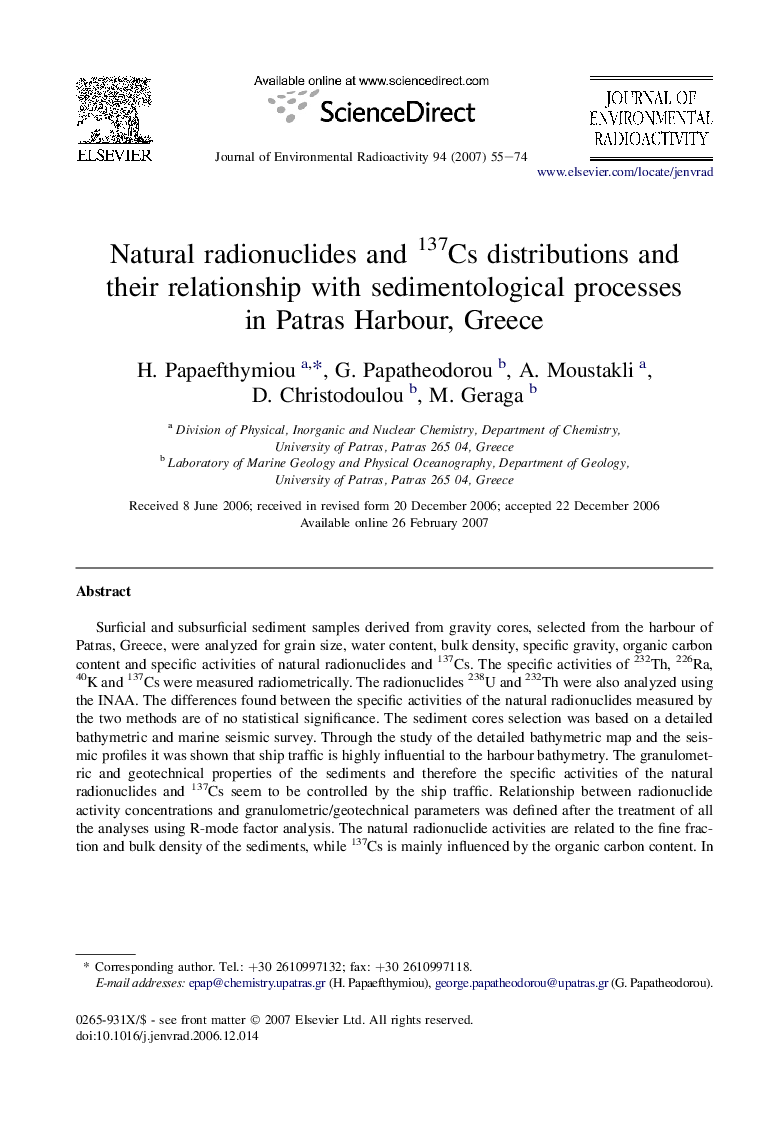 Natural radionuclides and 137Cs distributions and their relationship with sedimentological processes in Patras Harbour, Greece