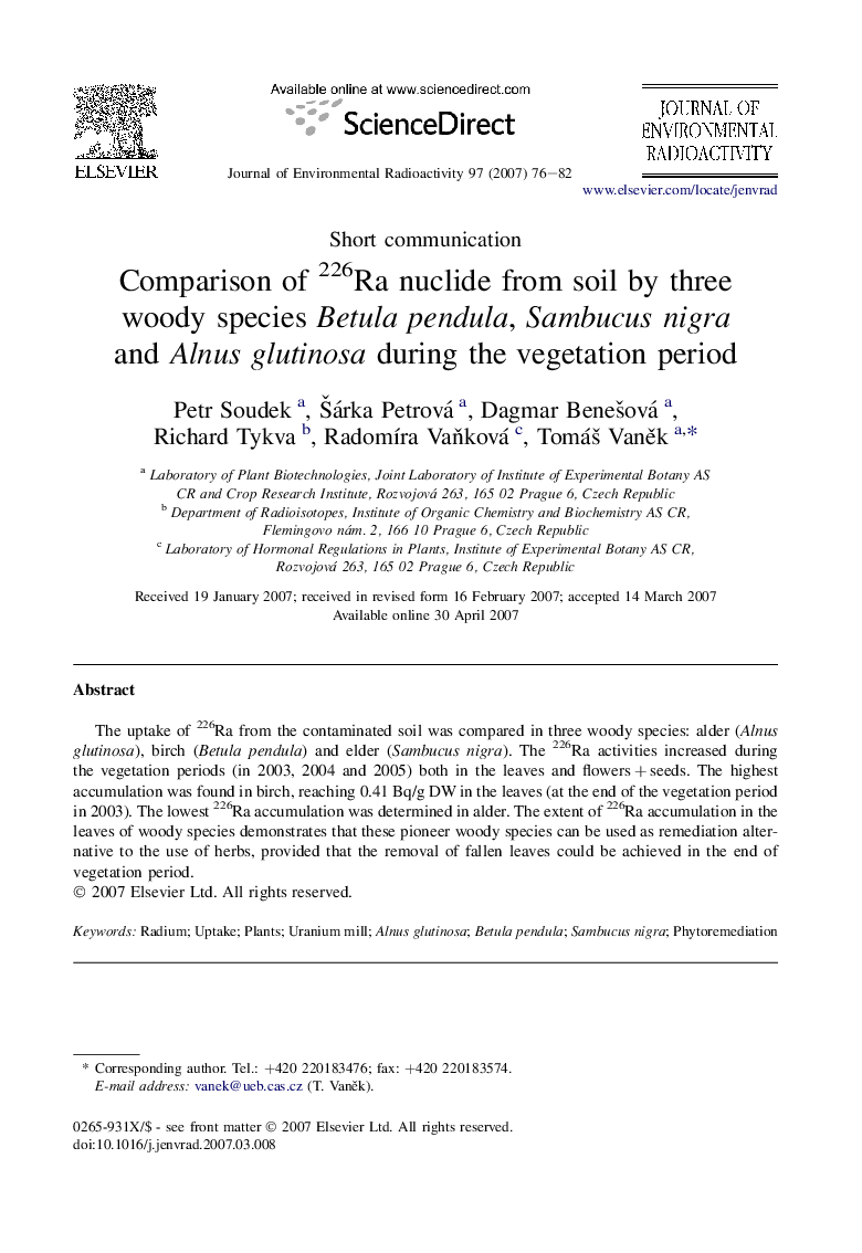 Comparison of 226Ra nuclide from soil by three woody species Betula pendula, Sambucus nigra and Alnus glutinosa during the vegetation period