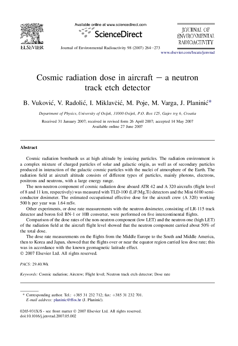 Cosmic radiation dose in aircraft – a neutron track etch detector