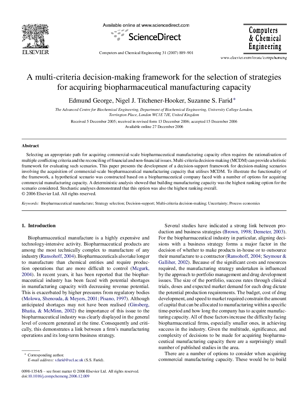 A multi-criteria decision-making framework for the selection of strategies for acquiring biopharmaceutical manufacturing capacity